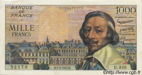 1000 Francs RICHELIEU FRANCE  1957 F.42.25 XF