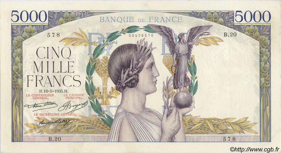 5000 Francs VICTOIRE FRANCE  1935 F.44.02 XF-