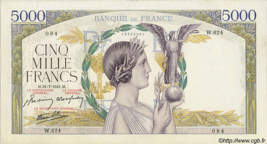 5000 Francs VICTOIRE Impression à plat FRANCE  1941 F.46.24 VF+