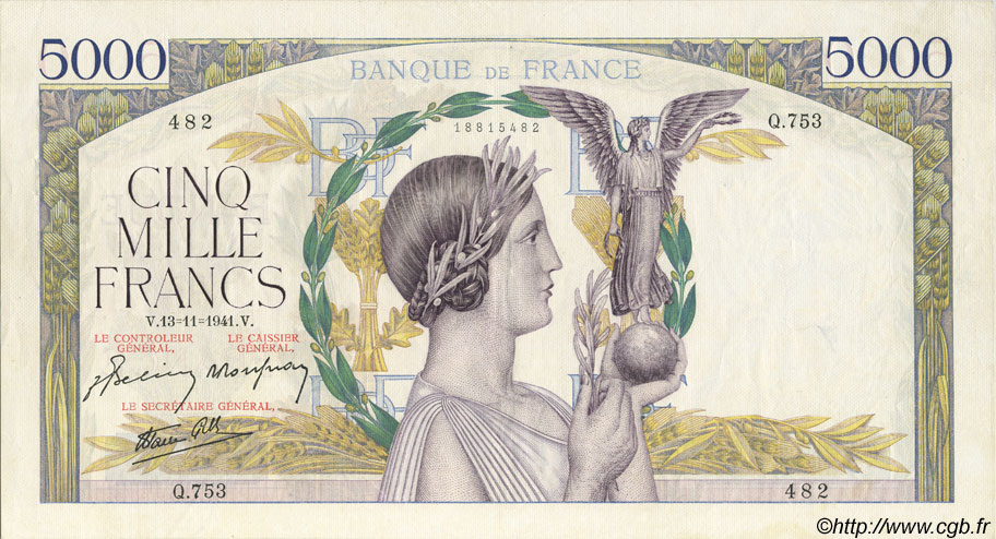 5000 Francs VICTOIRE Impression à plat FRANCIA  1941 F.46.29 EBC+