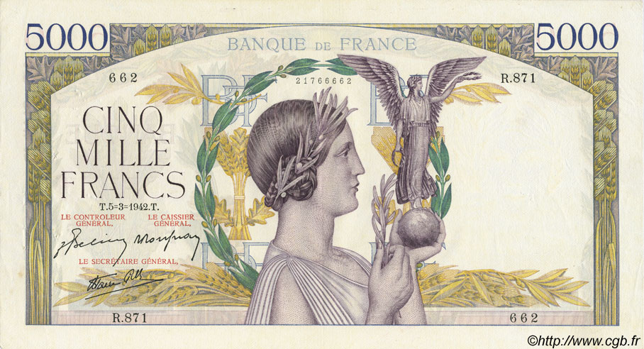 5000 Francs VICTOIRE Impression à plat FRANKREICH  1942 F.46.34 fVZ