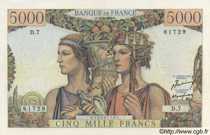 5000 Francs TERRE ET MER FRANKREICH  1949 F.48.01 SS