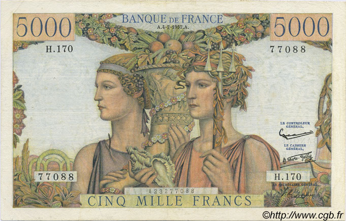 5000 Francs TERRE ET MER FRANKREICH  1957 F.48.16 fSS