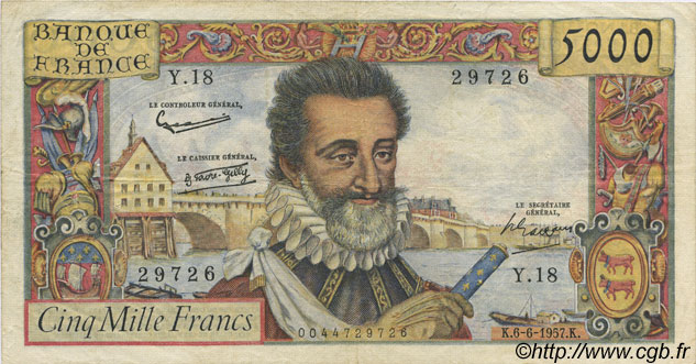 5000 Francs HENRI IV FRANCE  1958 F.49.02 VF