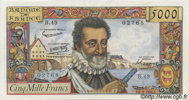 5000 Francs HENRI IV FRANCIA  1958 F.49.06 SPL+