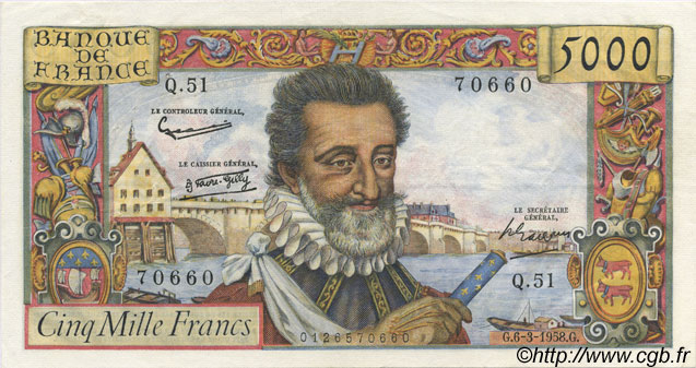 5000 Francs HENRI IV FRANKREICH  1958 F.49.06 VZ