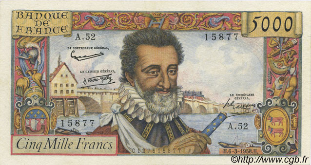 5000 Francs HENRI IV FRANKREICH  1958 F.49.06 fVZ