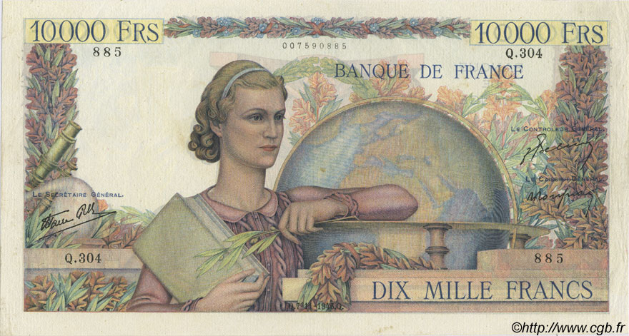 10000 Francs GÉNIE FRANÇAIS FRANCIA  1946 F.50.13 MBC
