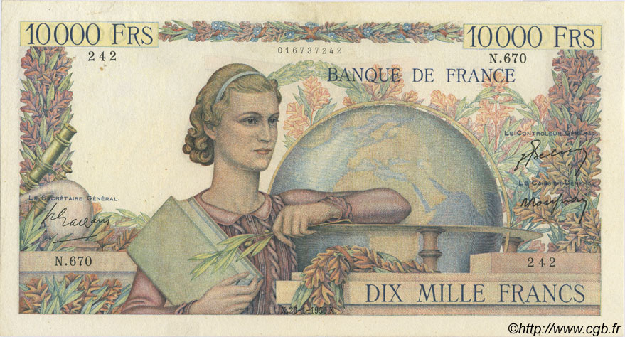 10000 Francs GÉNIE FRANÇAIS FRANCE  1950 F.50.28 VF