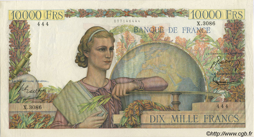 10000 Francs GÉNIE FRANÇAIS FRANCE  1952 F.50.60 SUP