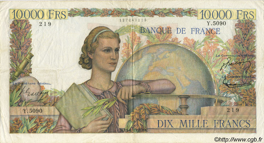10000 Francs GÉNIE FRANÇAIS FRANCE  1953 F.50.66 VF