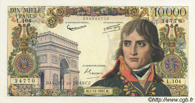 10000 Francs BONAPARTE FRANCE  1957 F.51.10 AU-