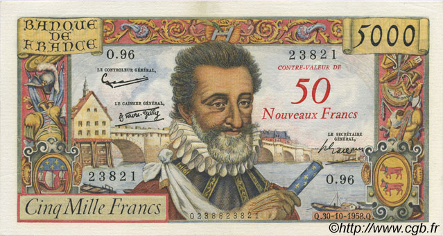 50 NF sur 5000 Francs HENRI IV FRANCE  1958 F.54.01 VF+