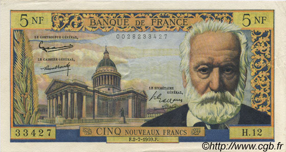 5 Nouveaux Francs VICTOR HUGO FRANCE  1959 F.56.02 AU-