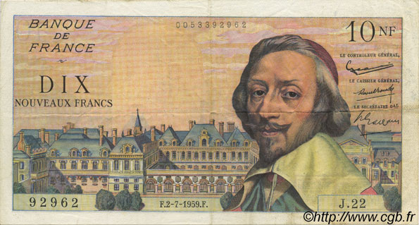 10 Nouveaux Francs RICHELIEU FRANCE  1959 F.57.02 VF+