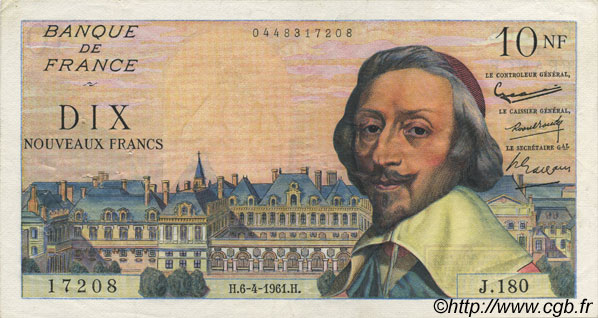 10 Nouveaux Francs RICHELIEU FRANKREICH  1961 F.57.15 fVZ