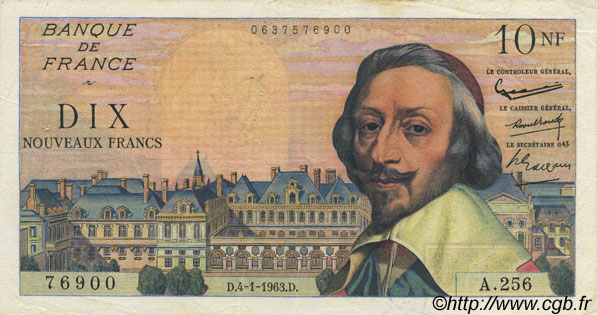 10 Nouveaux Francs RICHELIEU FRANCE  1963 F.57.22 XF-