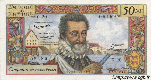 50 Nouveaux Francs HENRI IV FRANCE  1959 F.58.02 XF-
