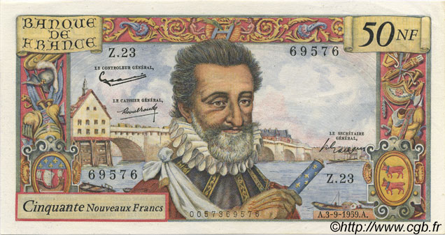 50 Nouveaux Francs HENRI IV FRANCIA  1959 F.58.03 q.AU