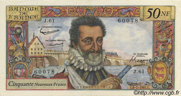 50 Nouveaux Francs HENRI IV FRANCE  1961 F.58.06 XF+