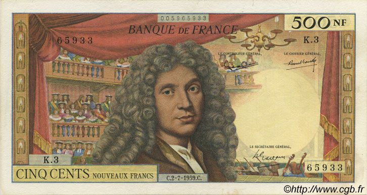 500 Nouveaux Francs MOLIÈRE FRANCE  1959 F.60.01 XF+