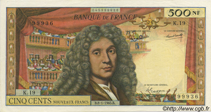 500 Nouveaux Francs MOLIÈRE FRANCE  1965 F.60.08 SUP+