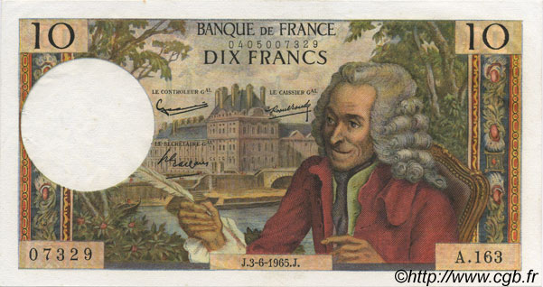 10 Francs VOLTAIRE FRANCIA  1965 F.62.15 EBC+ a SC