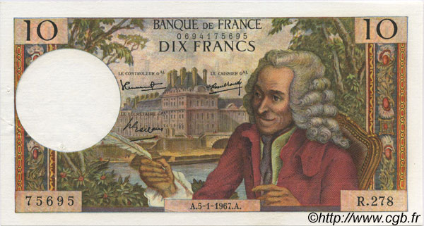 10 Francs VOLTAIRE FRANKREICH  1967 F.62.24 VZ+