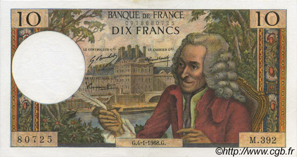 10 Francs VOLTAIRE FRANKREICH  1968 F.62.31 fST