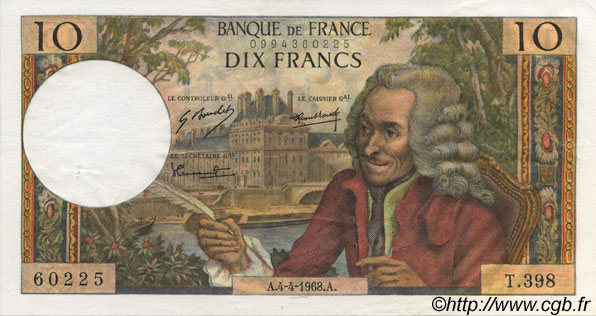 10 Francs VOLTAIRE FRANCE  1968 F.62.32 XF