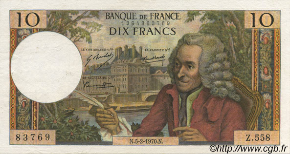 10 Francs VOLTAIRE FRANKREICH  1970 F.62.42 VZ