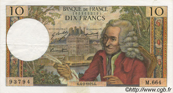 10 Francs VOLTAIRE FRANCE  1971 F.62.49 XF