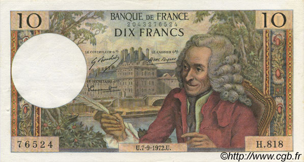 10 Francs VOLTAIRE FRANCE  1972 F.62.58 SUP+