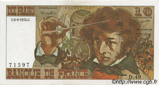 10 Francs BERLIOZ FRANCE  1974 F.63.05 UNC-
