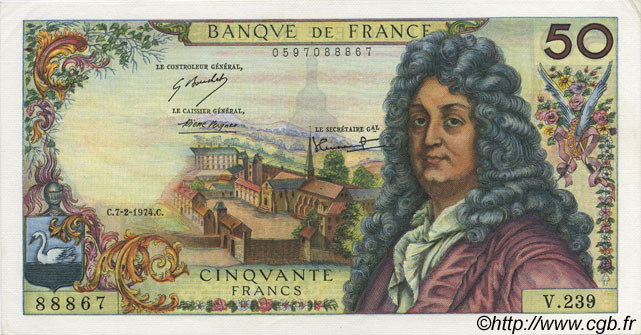 50 Francs RACINE FRANCIA  1974 F.64.26 FDC