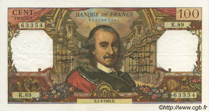 100 Francs CORNEILLE FRANCIA  1965 F.65.07 q.SPL