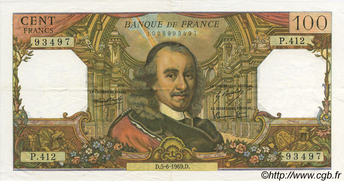 100 Francs CORNEILLE FRANCIA  1969 F.65.27 EBC