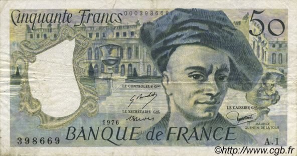 50 Francs QUENTIN DE LA TOUR FRANKREICH  1976 F.67.01 S to SS