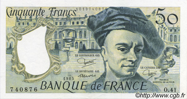 50 Francs QUENTIN DE LA TOUR FRANCE  1985 F.67.11 AU+