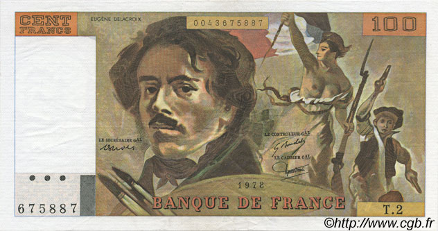 100 Francs DELACROIX FRANCE  1978 F.68.02 AU-