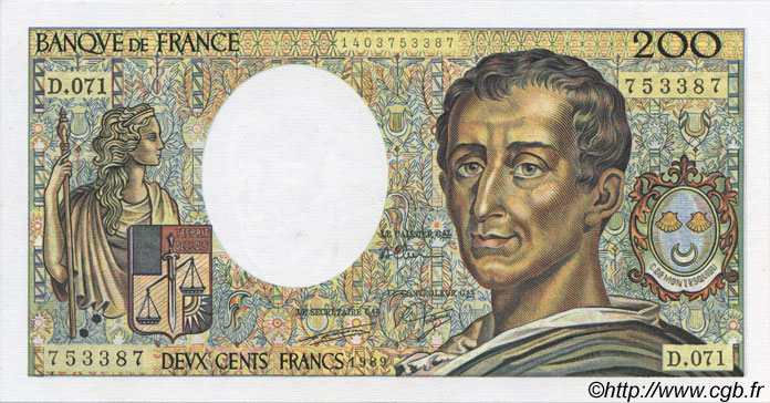200 Francs MONTESQUIEU FRANCE  1989 F.70.09 UNC