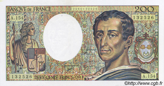 200 Francs MONTESQUIEU FRANCE  1992 F.70.12c AU+