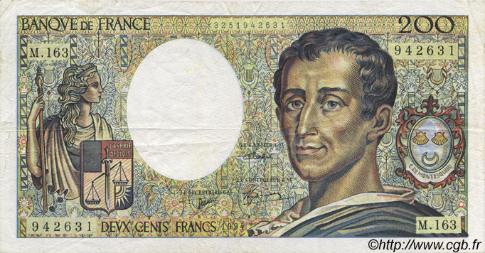 200 Francs MONTESQUIEU modifié FRANCE  1994 F.70/2.01 pr.SUP