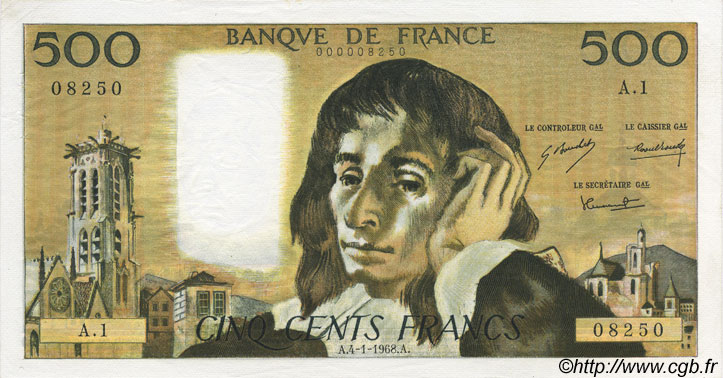 500 Francs PASCAL FRANCE  1968 F.71.01 XF+