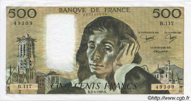 500 Francs PASCAL FRANCE  1980 F.71.21 AU+