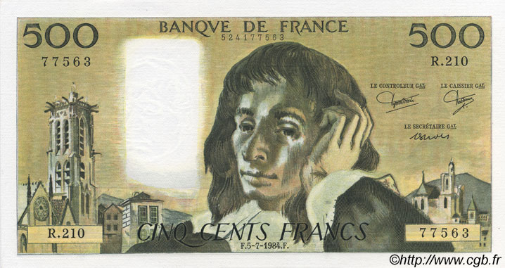 500 Francs PASCAL FRANCE  1984 F.71.31 UNC