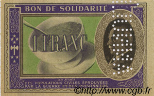 1 Franc BON DE SOLIDARITÉ FRANCE regionalism and miscellaneous  1941 KL.02As AU