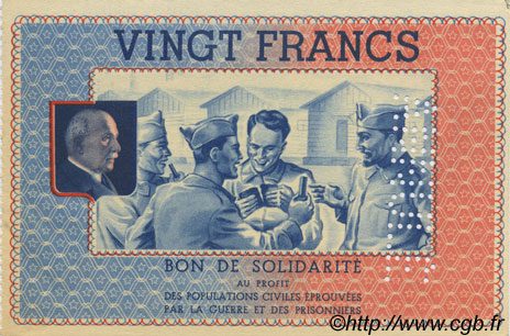 20 Francs BON DE SOLIDARITE Annulé FRANCE regionalism and various  1941 KL.08Cs AU+