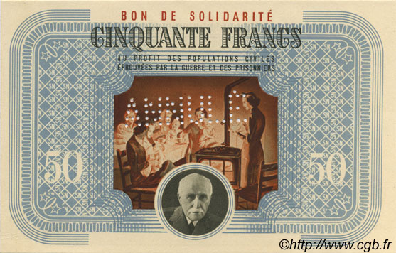 50 Francs BON DE SOLIDARITÉ Annulé FRANCE regionalismo y varios  1941 KL.09As SC