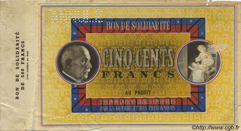 500 Francs BON DE SOLIDARITÉ Annulé FRANCE regionalism and various  1941 KL.11As VF+